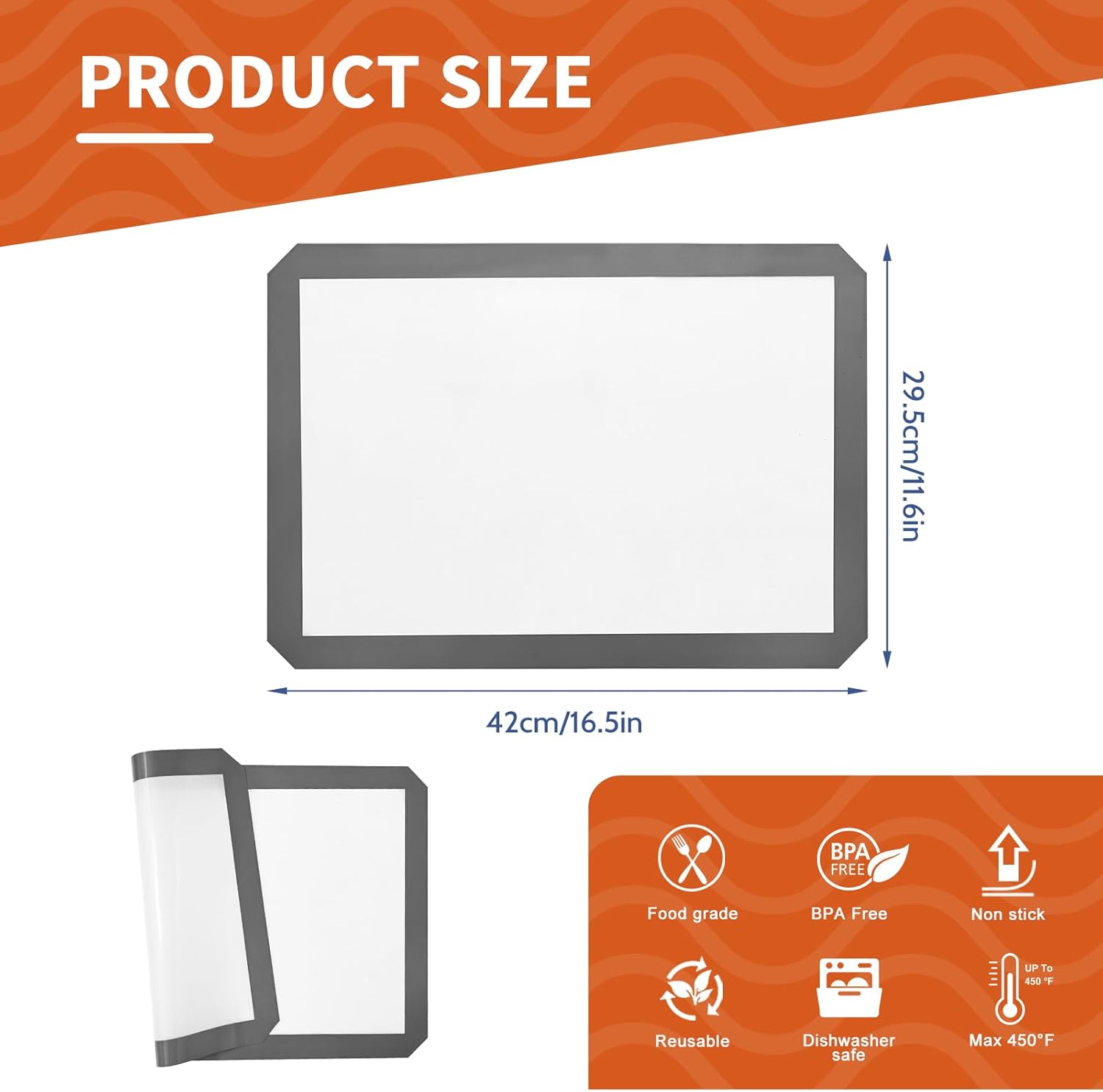 KitchenRaku Silicone Baking Mat. 16.5x11.6 Non Stick Reusable Silicone Cooking Mat. BPA Free Baking Sheet for Cookies. Macarons Bread & Pastry. Toaster Pad Set of 2