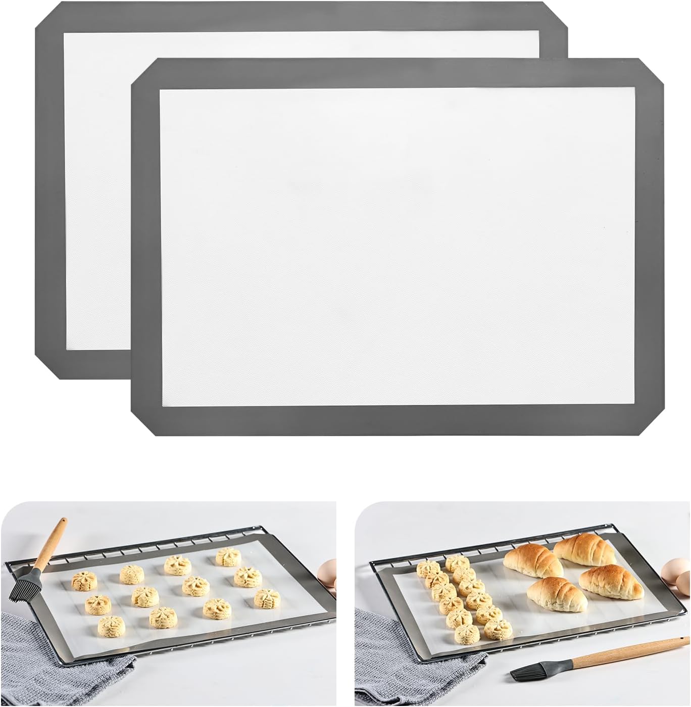 KitchenRaku Silicone Baking Mat. 16.5x11.6 Non Stick Reusable Silicone Cooking Mat. BPA Free Baking Sheet for Cookies. Macarons Bread & Pastry. Toaster Pad Set of 2